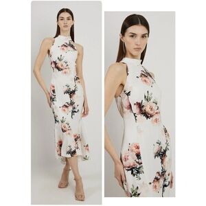Karen Millen NWT Satin Crepe Peony Waterfall Hem High Neck Dress Size 8